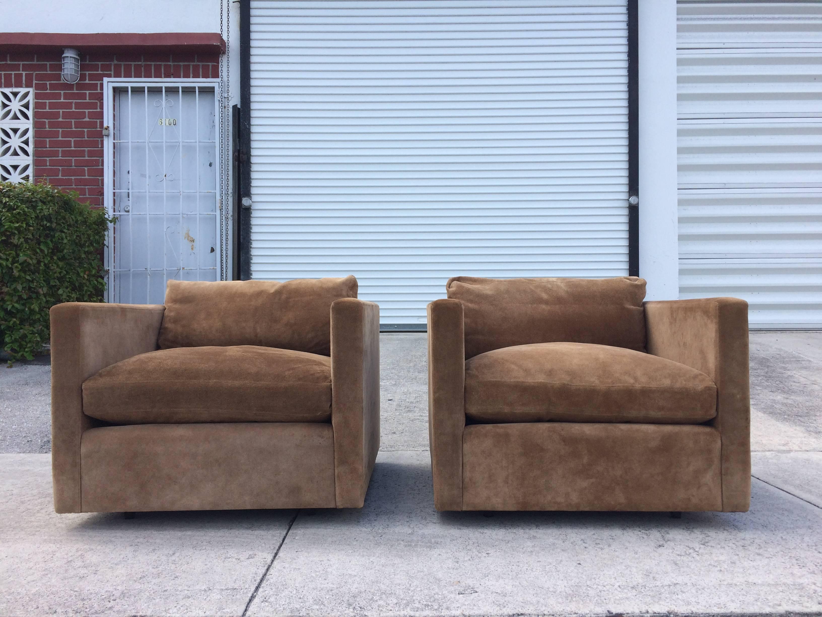 Brown suede leather lounge chairs by Charles Pfister for Knoll. The cushions are feathers and foam filled. Very comfortable. The chairs are signed.
We have a matching sofa.
