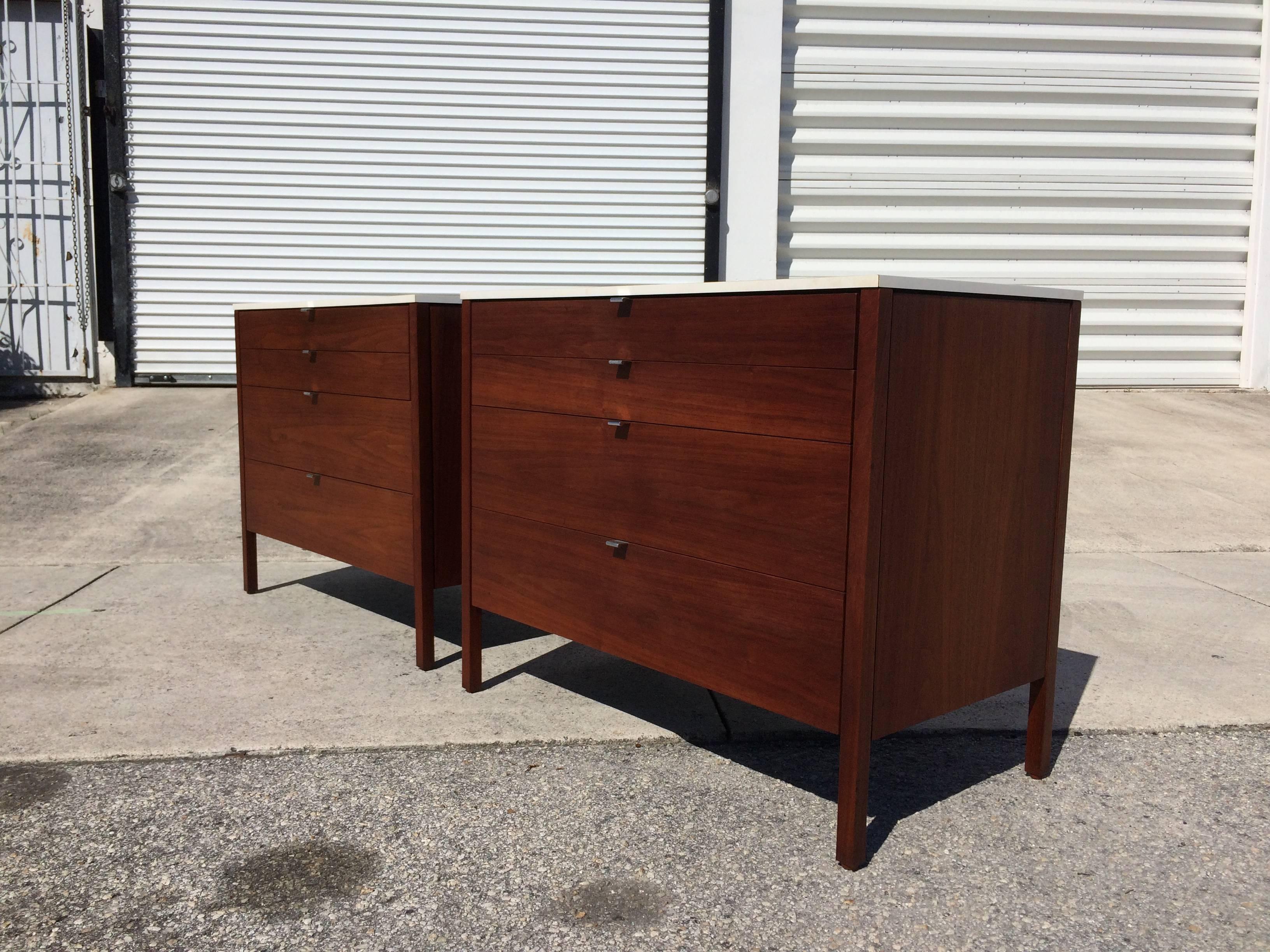 American Pair of Florence Knoll Dressers Chests, Walnut and White Tops