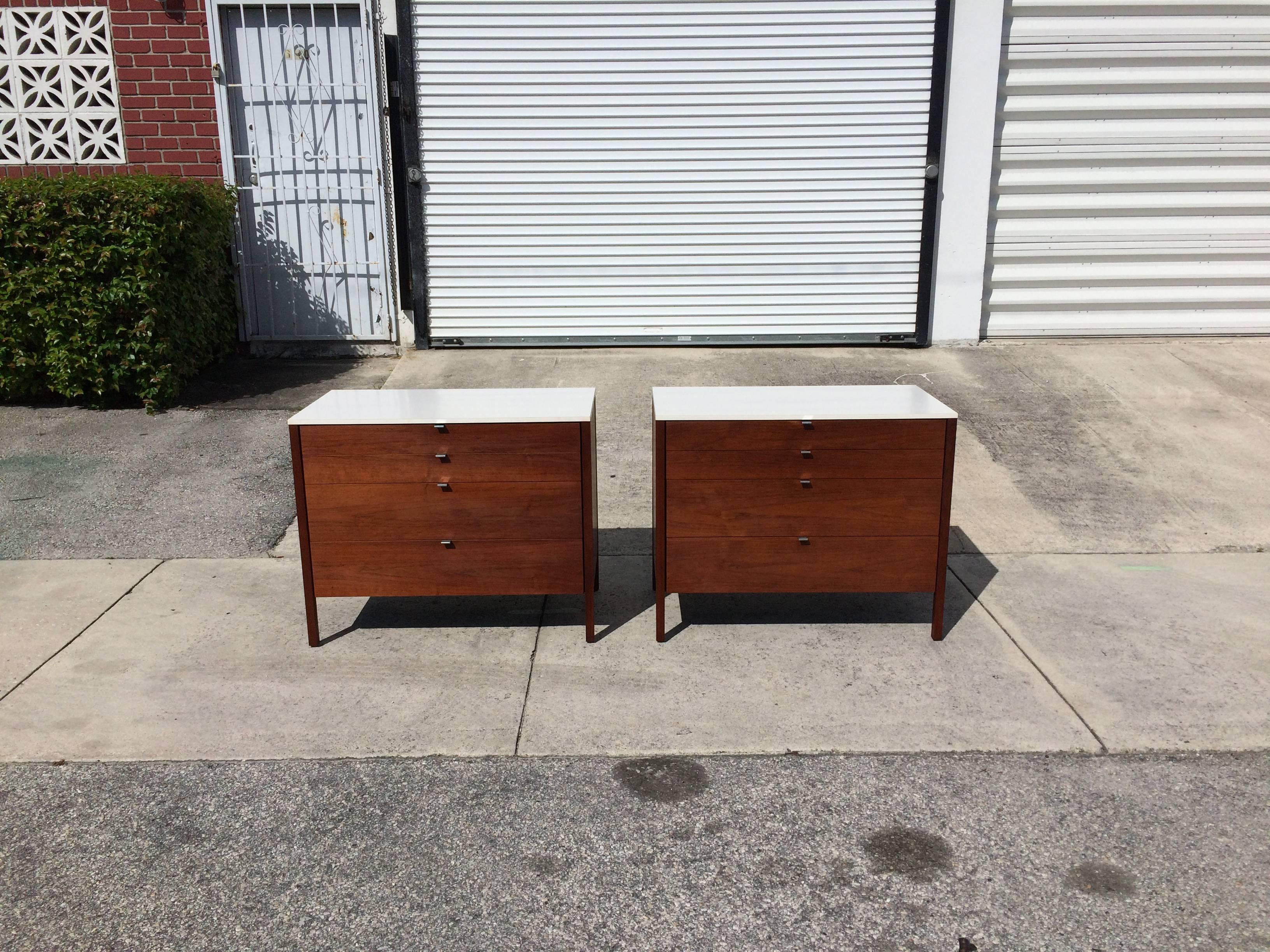 Chrome Pair of Florence Knoll Dressers Chests, Walnut and White Tops
