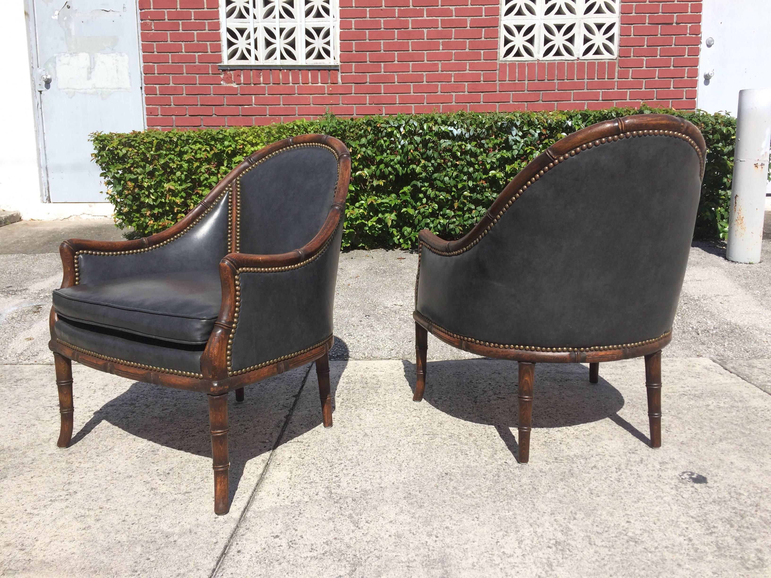 Faux Leather Faux Bamboo Lounge Chairs, USA, 1950s