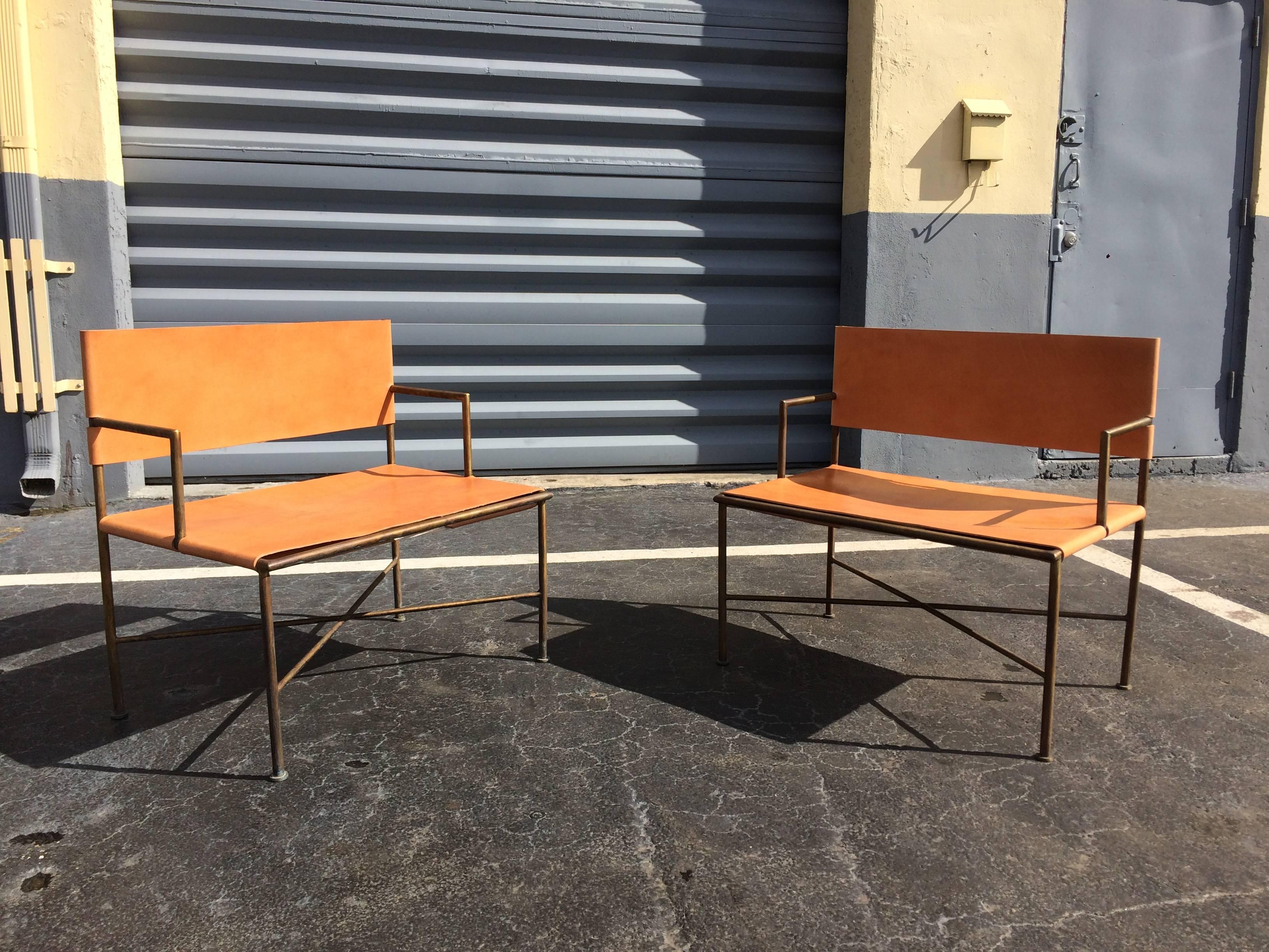 American Bronze and Leather Lounge Chairs For Sale