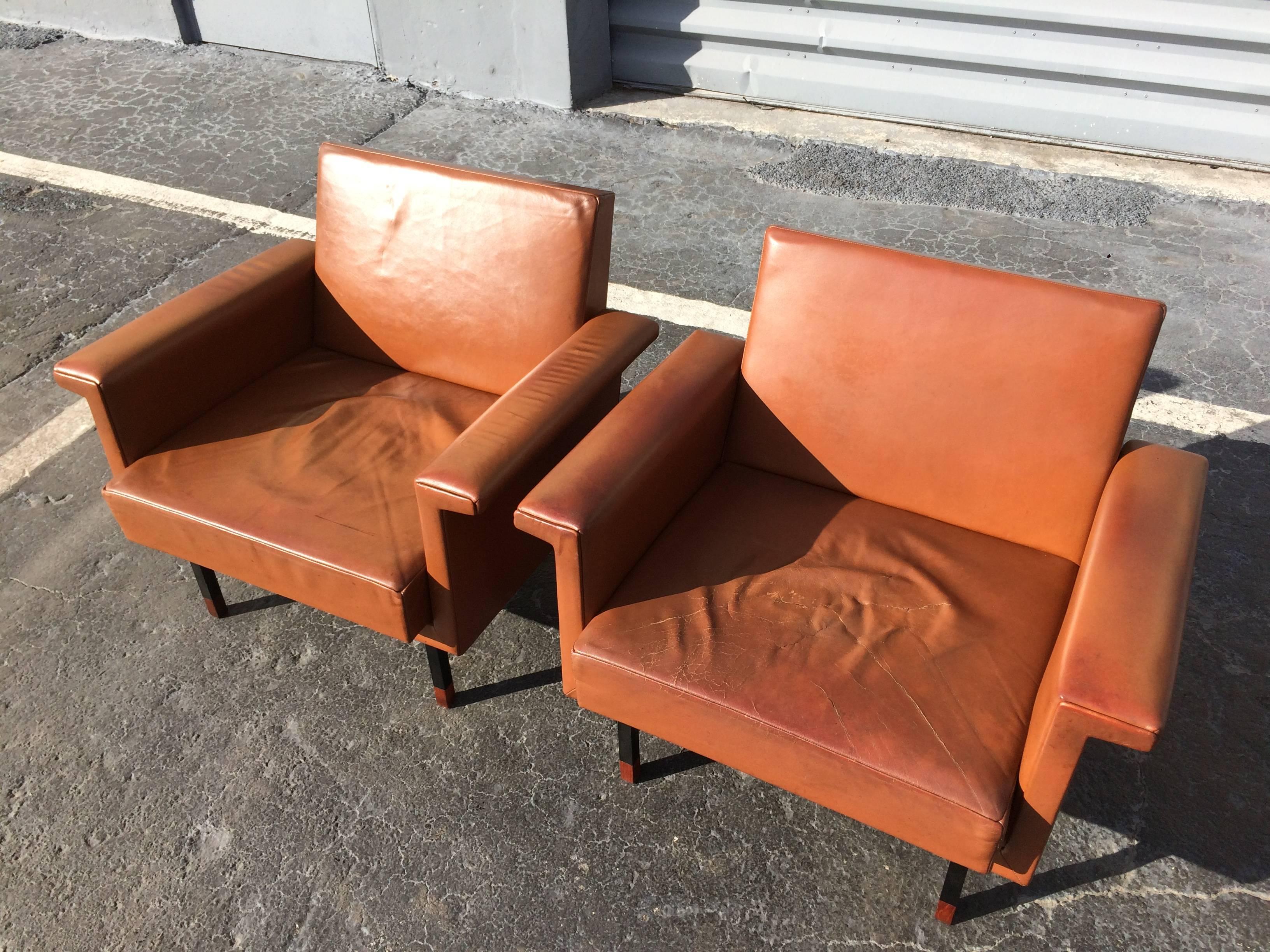 Steel Pair of Eugen Schmidt Soloform Lounge Chairs, Cognac Leather For Sale
