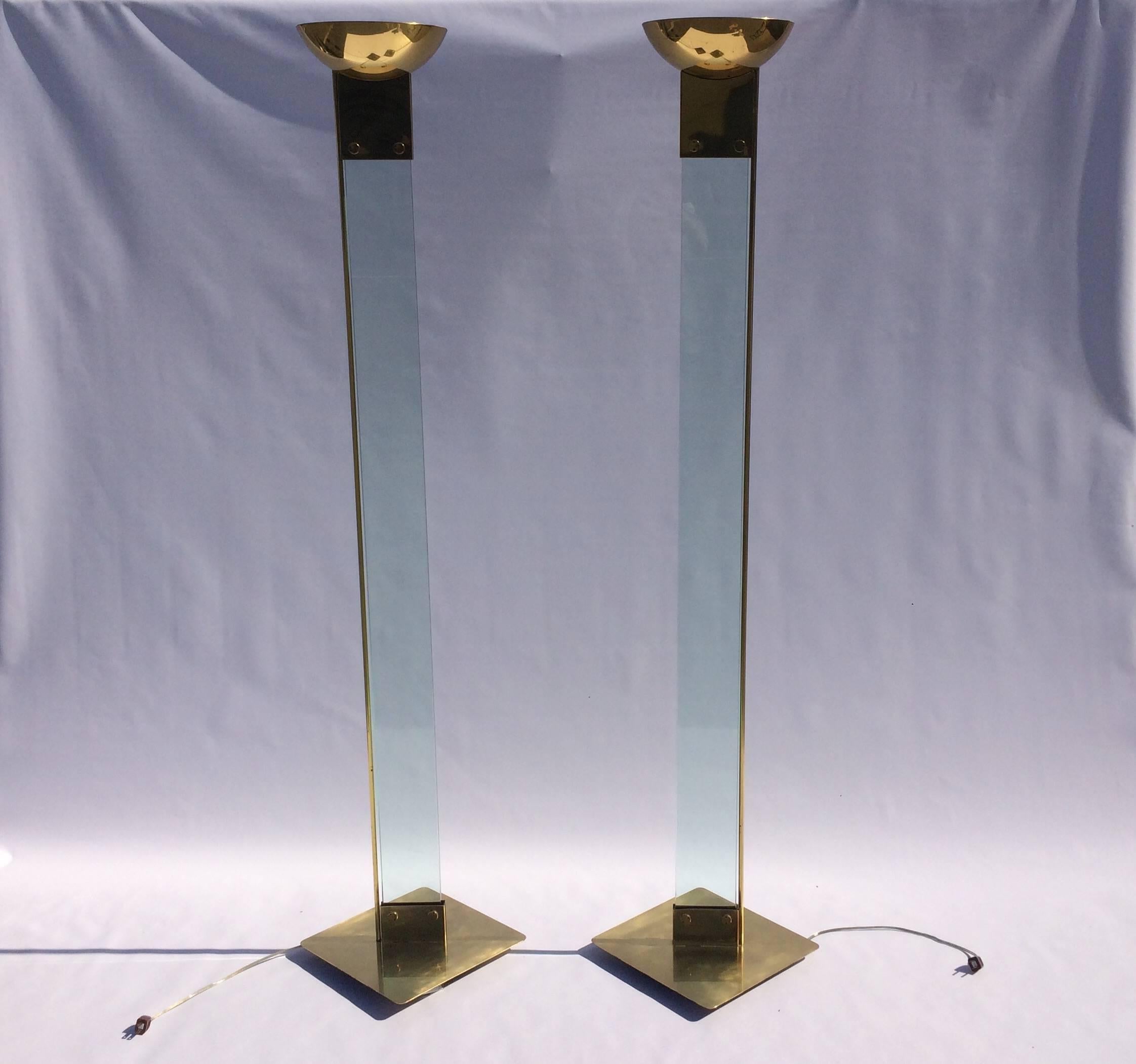 Italian Pair of Max Baguara Floor Lamps, Torchieres, Brass and Glass