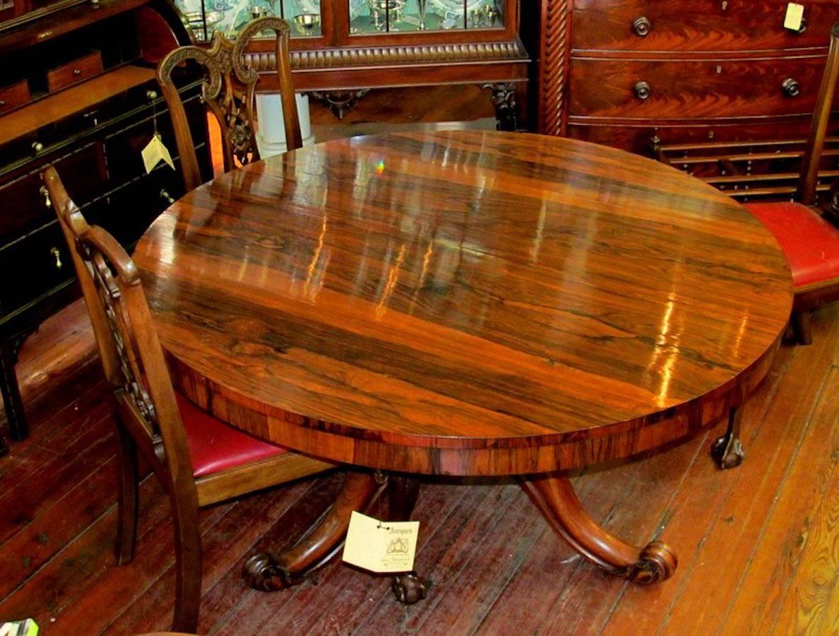 Extraordinary quality antique English period William IV rosewood and mahogany tilt-top circular center table with marvelous tripod pedestal and carved scrolling legs.

Please note, kneehole clearance is 24.5