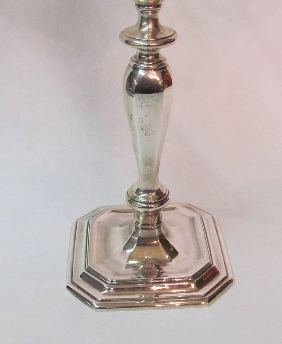 Pair of extraordinary quality Old American Tiffany & Co. Heavy cast sterling Silver Geo. III style three-light candelabra with engraved "crest" or "armorial" on base. Handsome cut corner 18th century design with removable