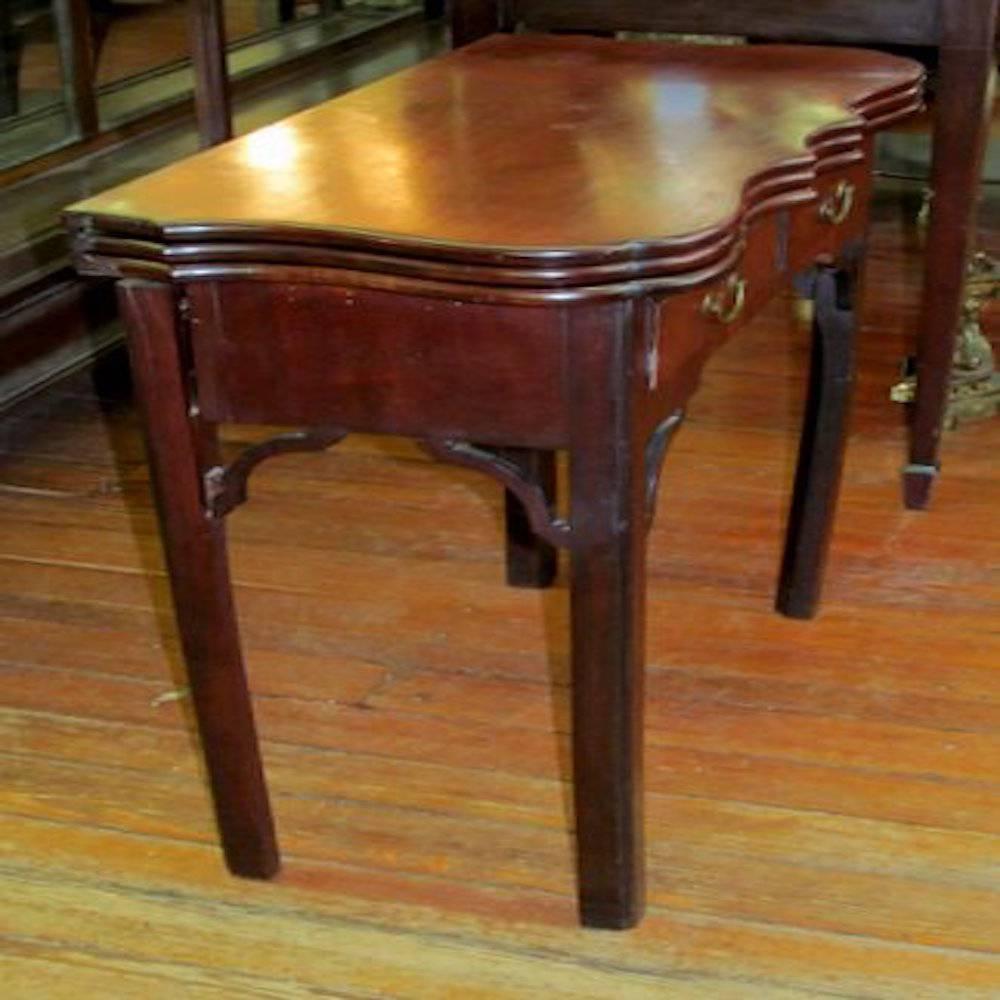 18th Century Antique English Mahogany Geo, III Triple Folding Shaped Top Card Table For Sale