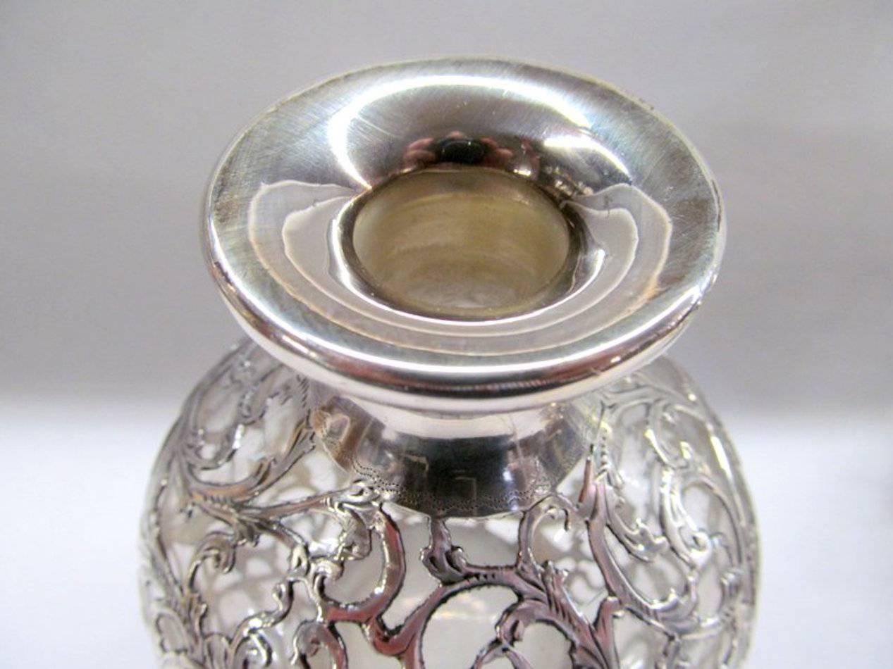 Pair of American Sterling Silver Overlay Crystal Scent or Cologne Bottles 1