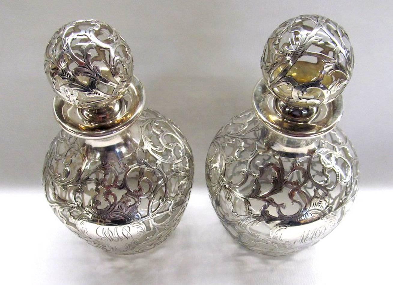 Pair of American Sterling Silver Overlay Crystal Scent or Cologne Bottles 3