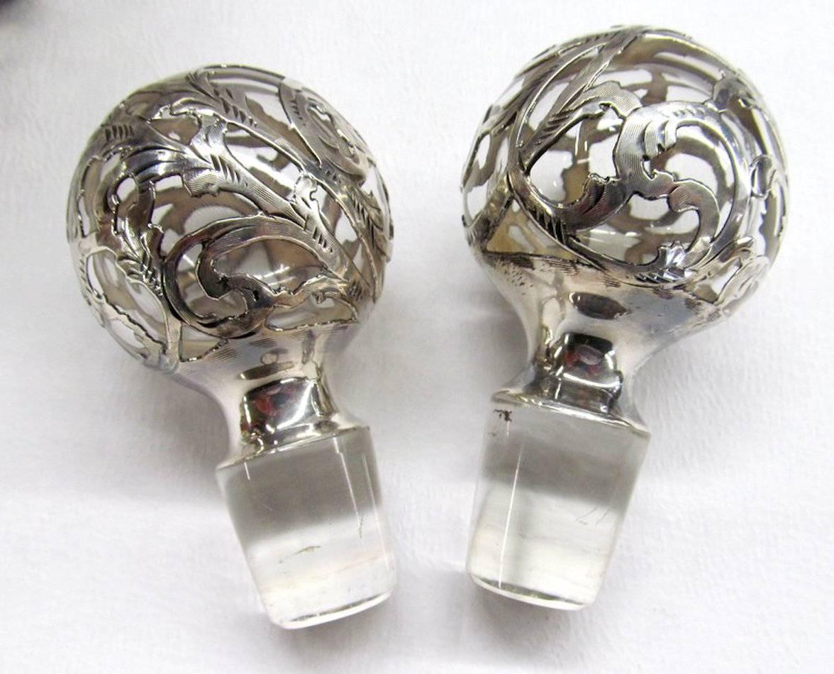 Pair of American Sterling Silver Overlay Crystal Scent or Cologne Bottles 2