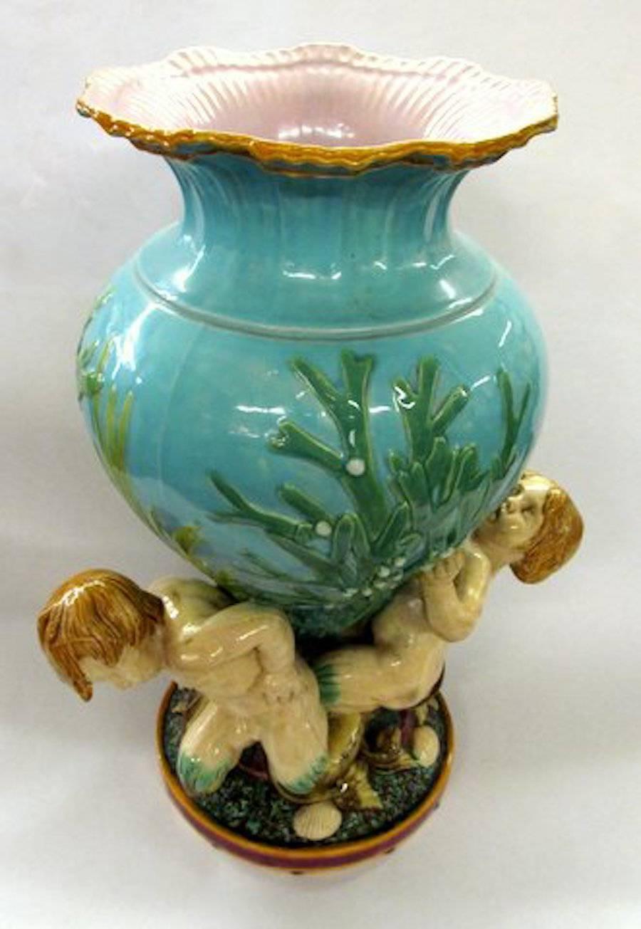 Antique English Minton Majolica Monumental Size Mermen and Coral Figural Vase In Excellent Condition In Charleston, SC