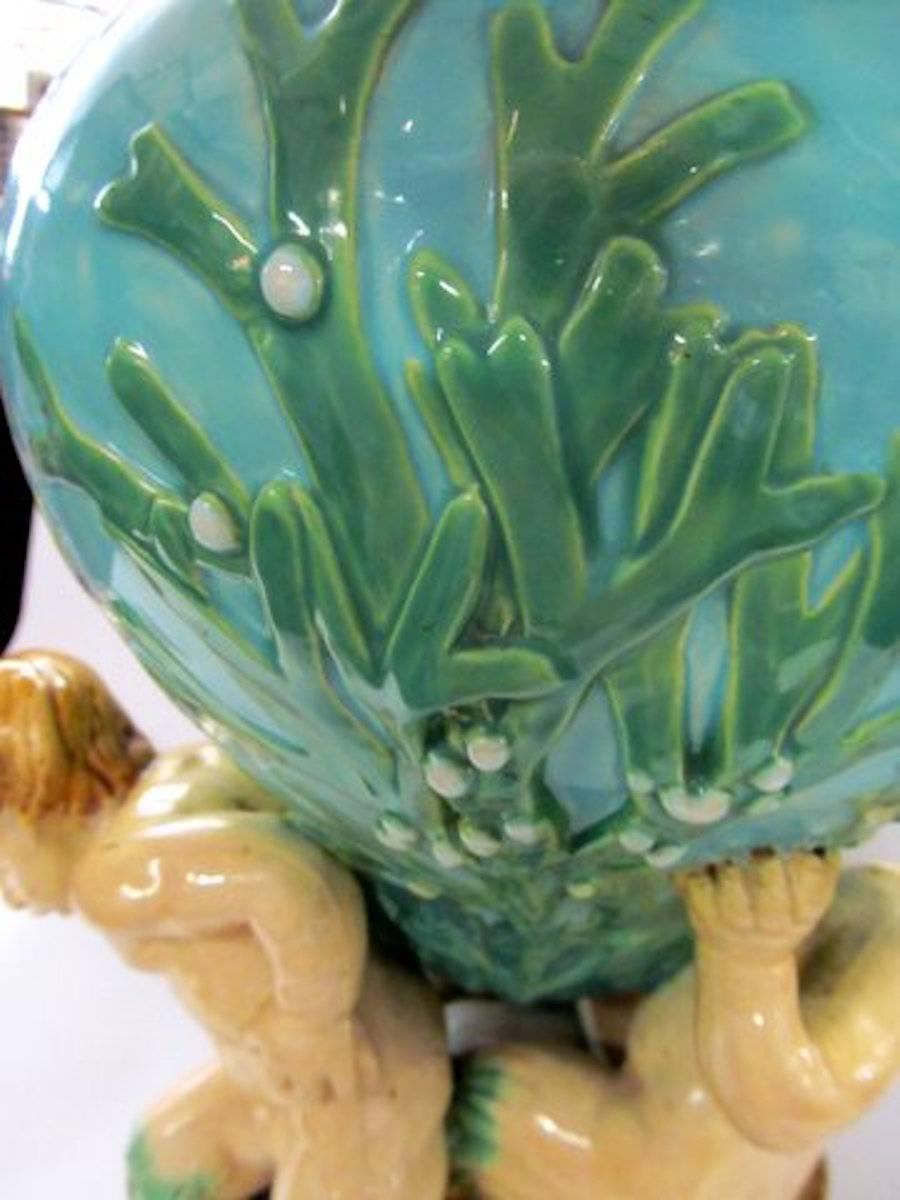 Antique English Minton Majolica Monumental Size Mermen and Coral Figural Vase 2