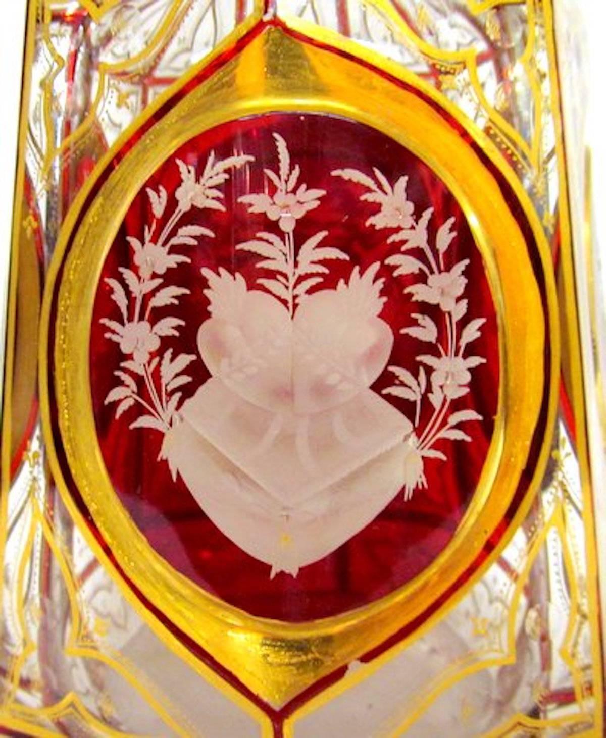 20th Century Old 'Moser' Hand-Cut and Engraved Ruby Overlay Ecclesiastical Decanter