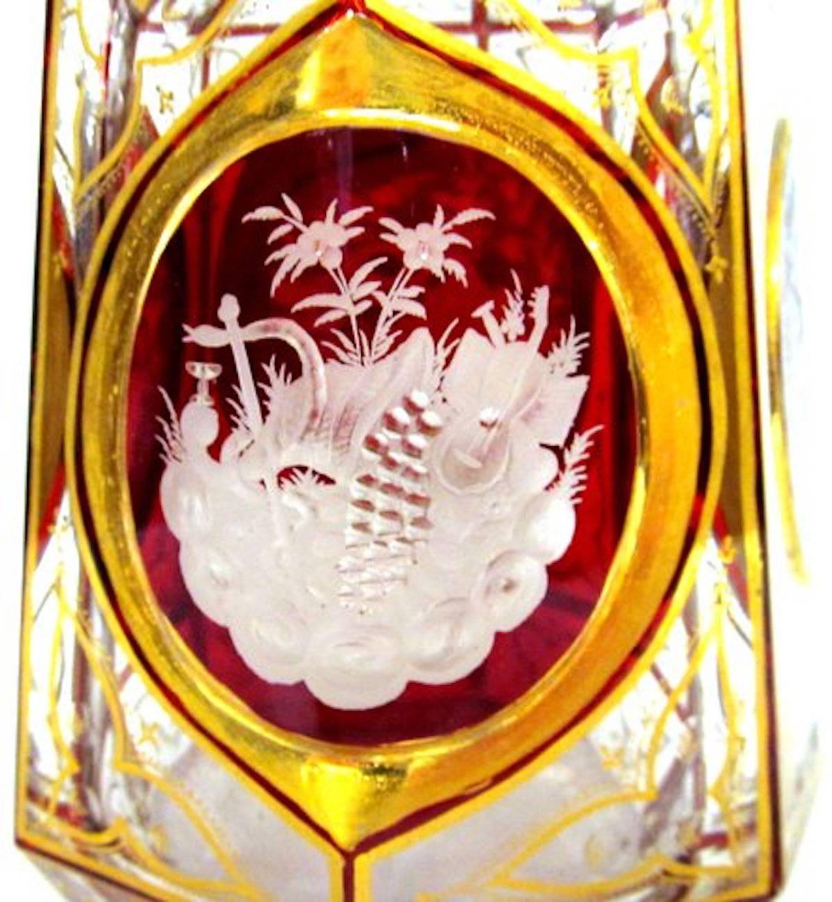 Czech Old 'Moser' Hand-Cut and Engraved Ruby Overlay Ecclesiastical Decanter