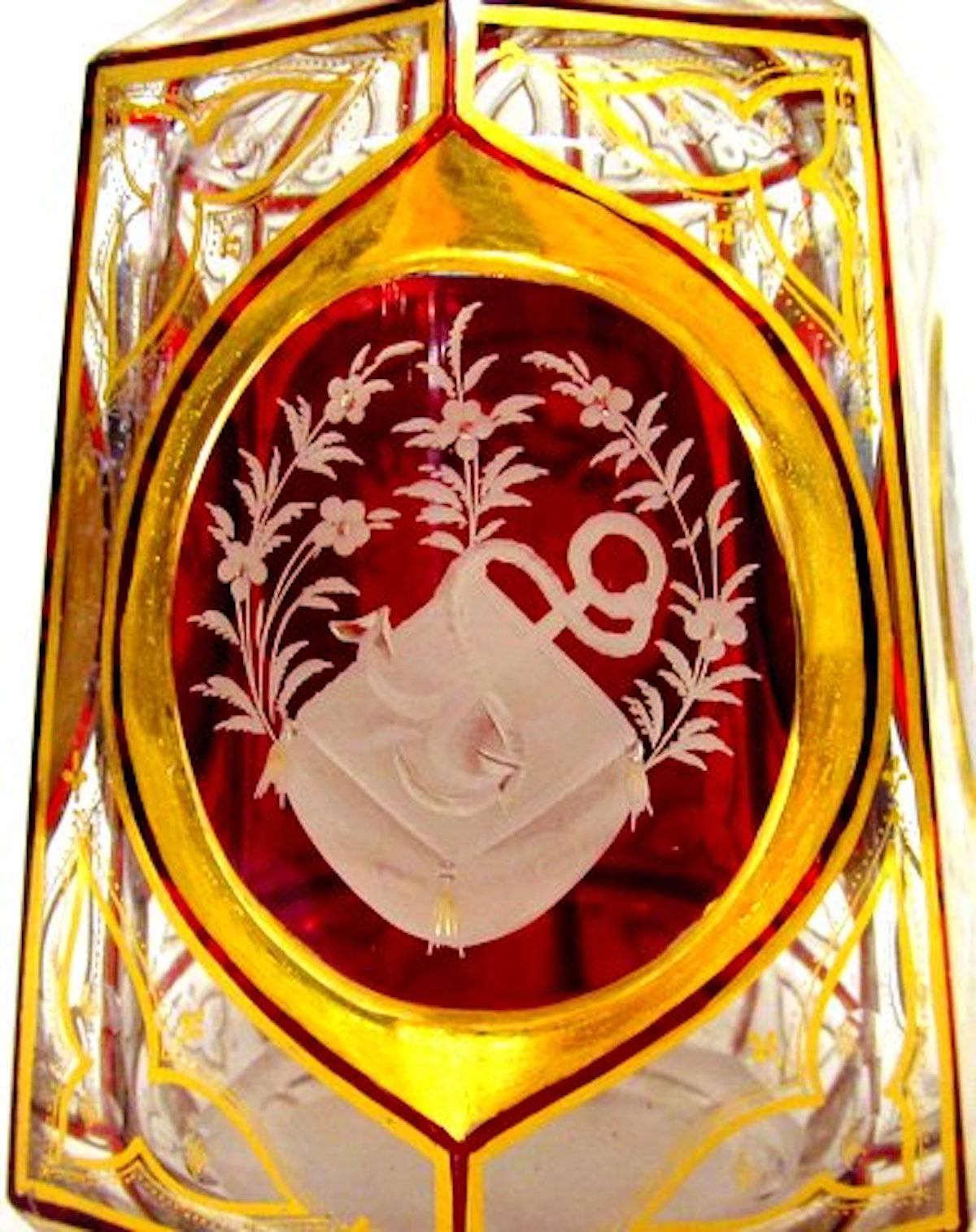 Old 'Moser' Hand-Cut and Engraved Ruby Overlay Ecclesiastical Decanter 1