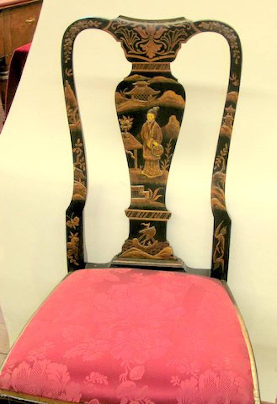 Superb Antique English chinoiserie lacquer beech Queen Anne style side chair.

Please note the extraordinary 