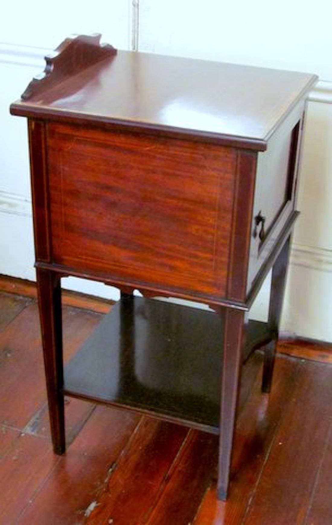 Inlay Antique English Marquetry Inlaid Mahogany Bedside or Pot Cupboard