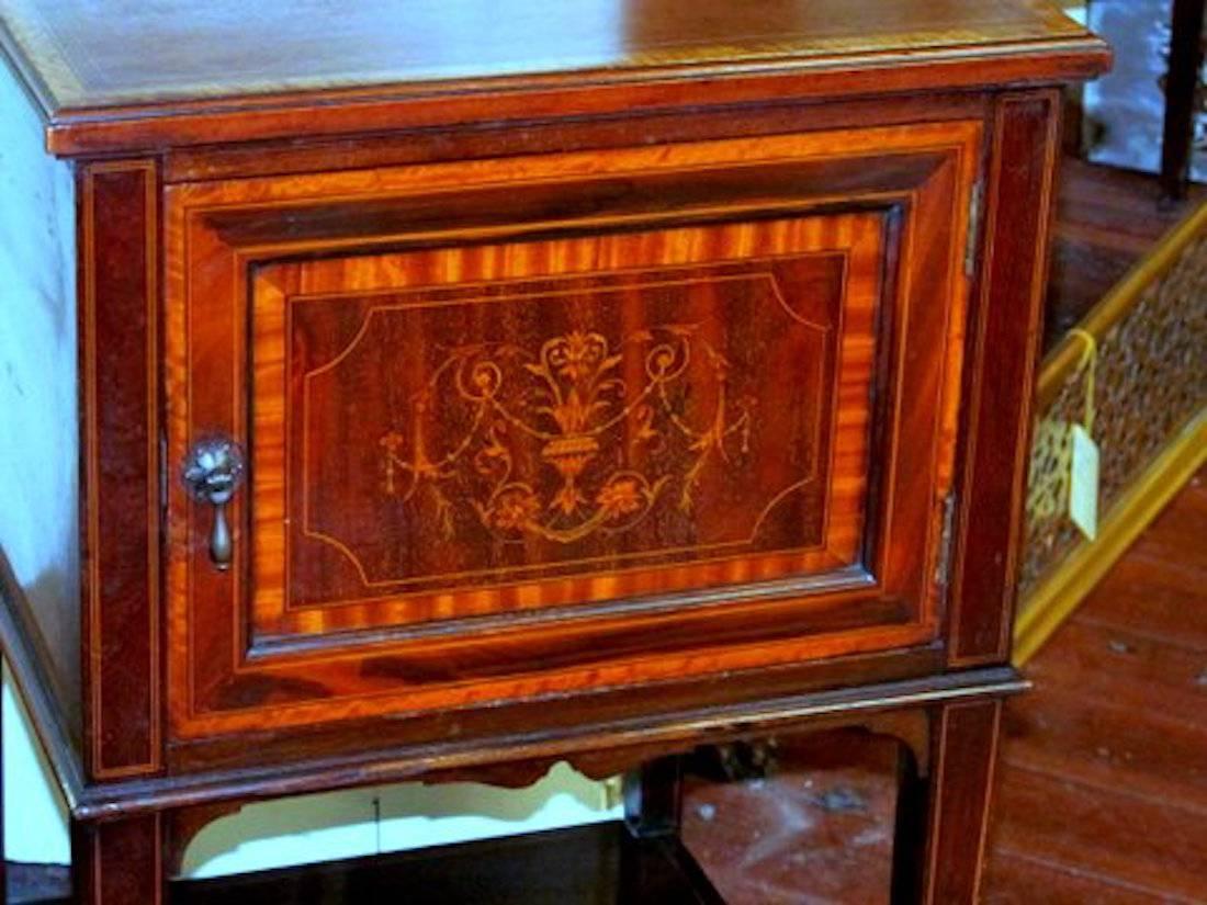 19th Century Antique English Marquetry Inlaid Mahogany Bedside or Pot Cupboard