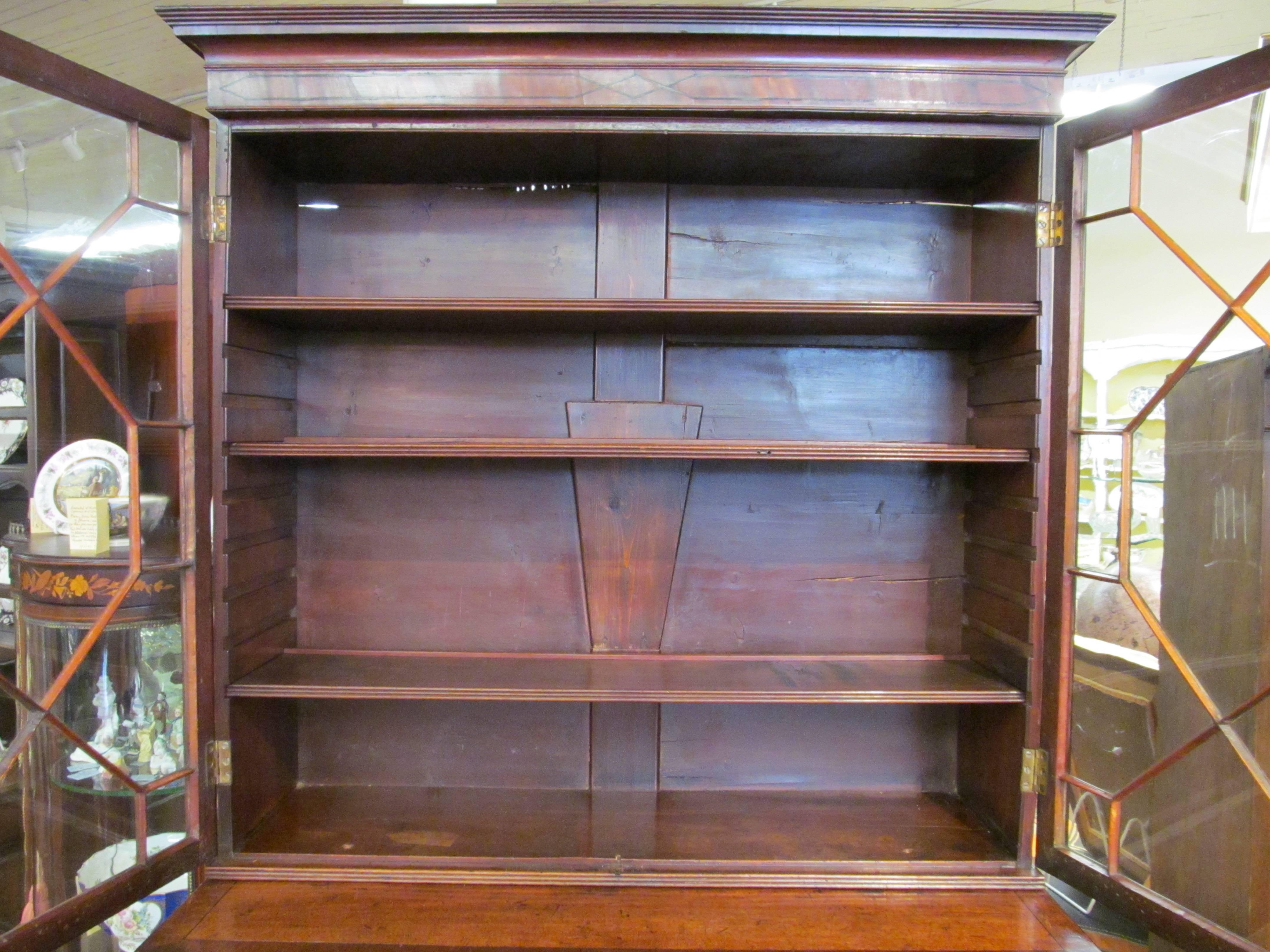 Inlay Antique English Geo. III Inlaid Figured Mahogany Secretaire Bookcase 