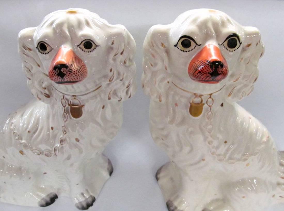 Pair of fine antique English unusually large size Staffordshire Cavalier King Charles comforter, wally or mantel dogs with original hand-painted decoration still bright and crisp,

circa 1860-1880.