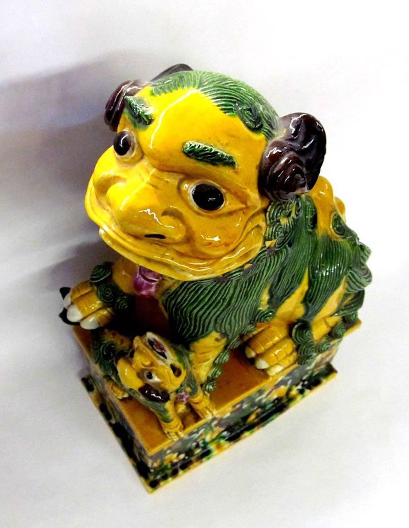 20th Century Antique Chinese Export Polychrome Ceramic Foo Dogs with Egg & Spinach Glaze