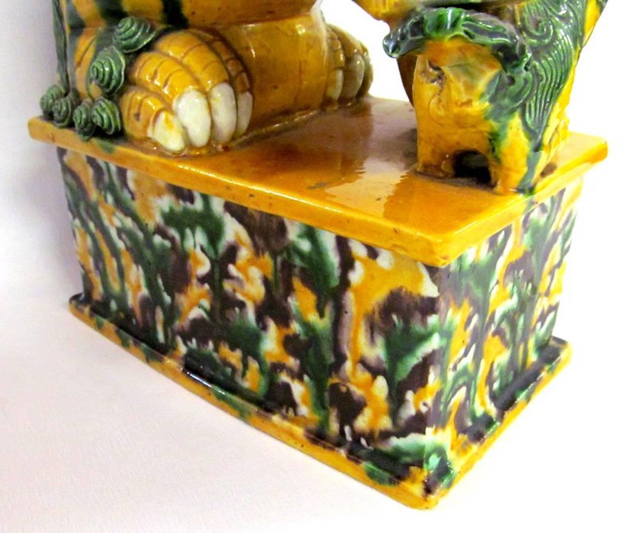 Antique Chinese Export Polychrome Ceramic Foo Dogs with Egg & Spinach Glaze 1