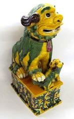 Antique Chinese Export Polychrome Ceramic Foo Dogs with Egg & Spinach Glaze