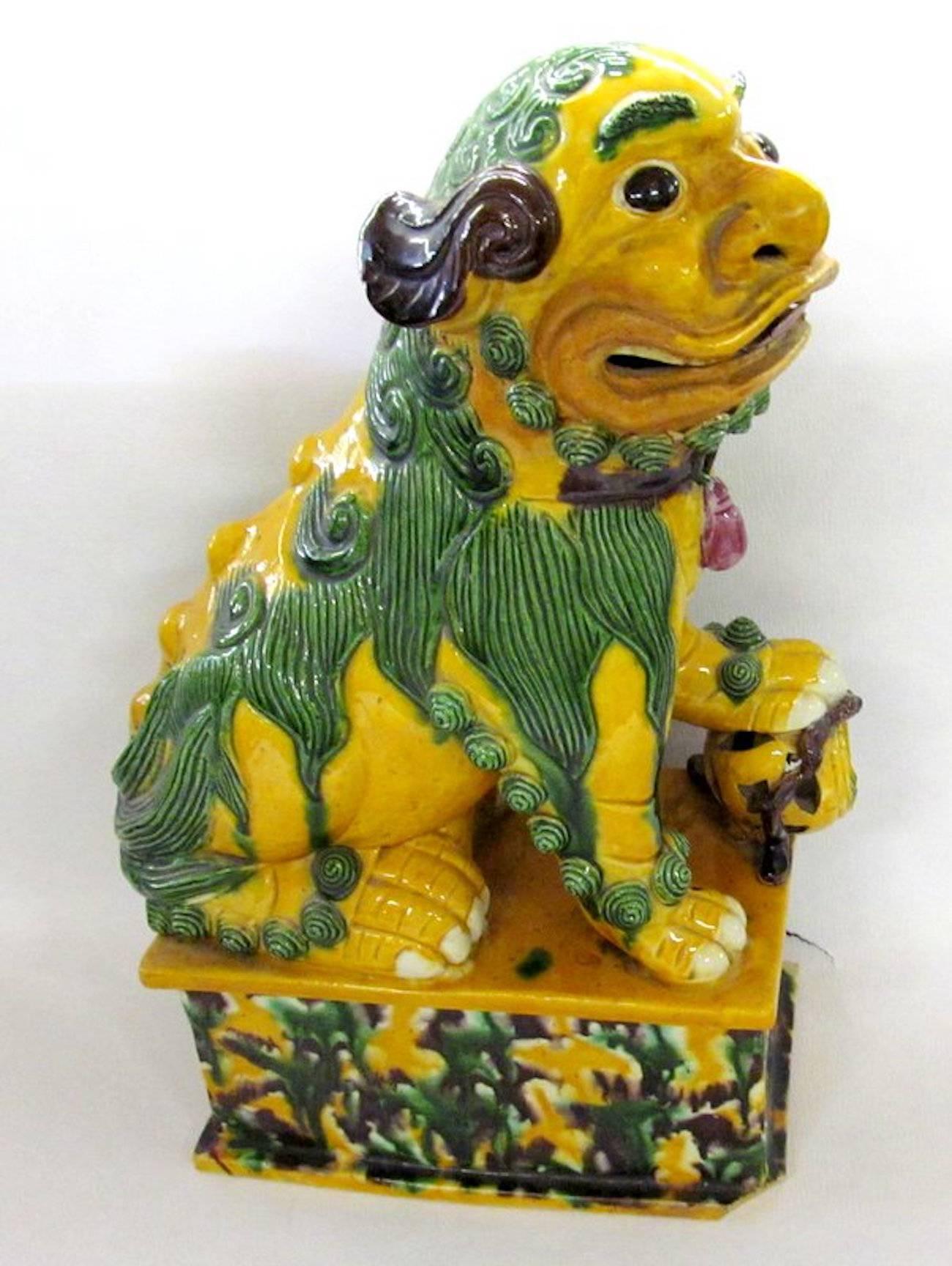 Polychromed Antique Chinese Export Polychrome Ceramic Foo Dogs with Egg & Spinach Glaze