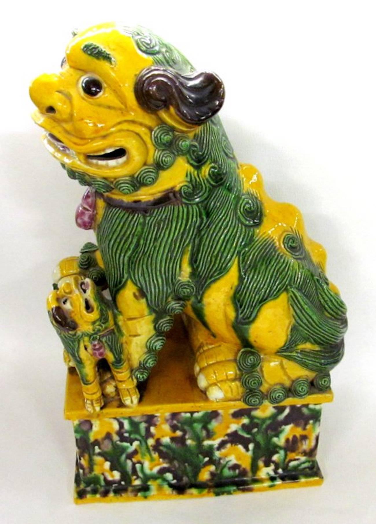 Qing Antique Chinese Export Polychrome Ceramic Foo Dogs with Egg & Spinach Glaze