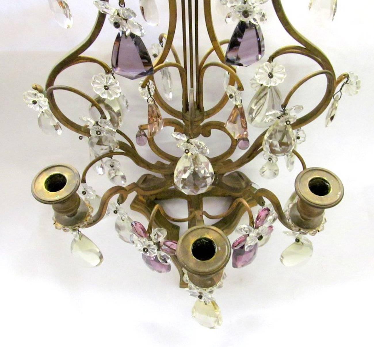 Pair of Antique French Ormolu and Cut Crystal Three-Light Candelabra In Excellent Condition In Charleston, SC