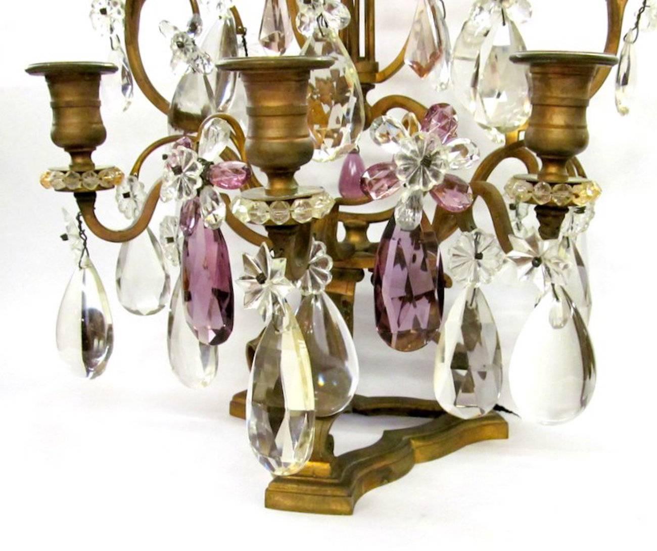 Pair of Antique French Ormolu and Cut Crystal Three-Light Candelabra 1