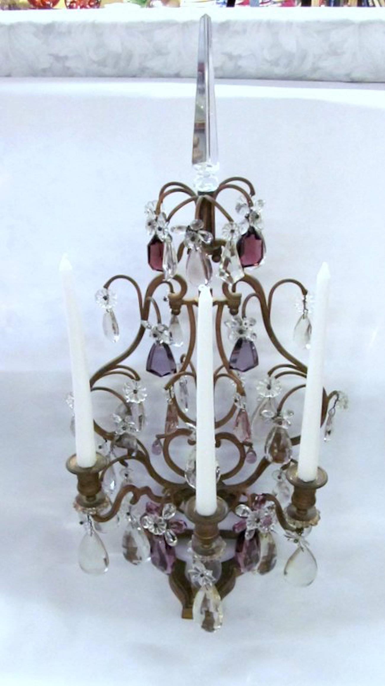 Pair of fabulous quality antique French ormolu (gilt brass) and cut crystal three-light candelabra with clear and amethyst prisms.

Please note 