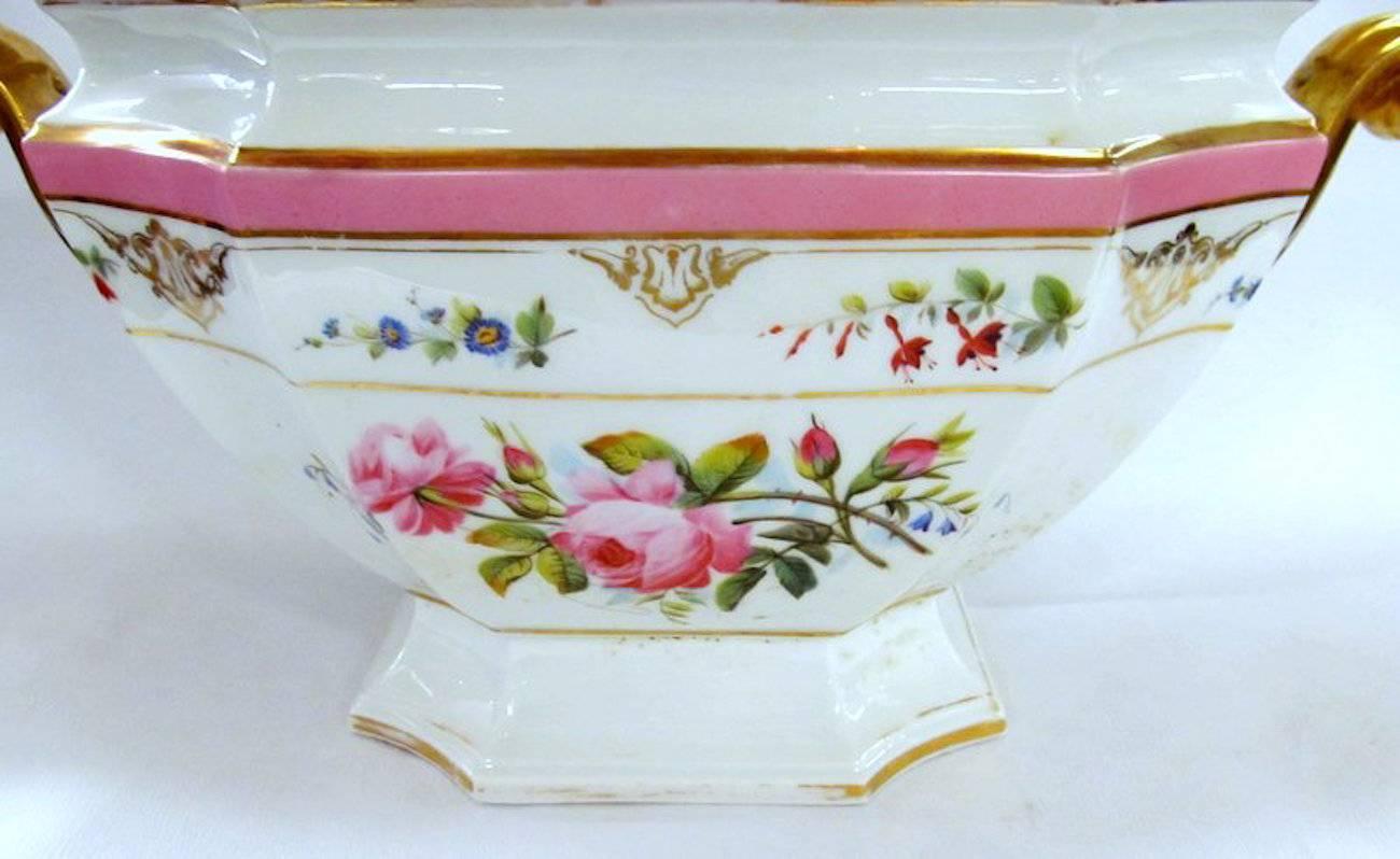 Antique French Porcelain de Paris Hand-Painted Soup Tureen and Matching Platter 1