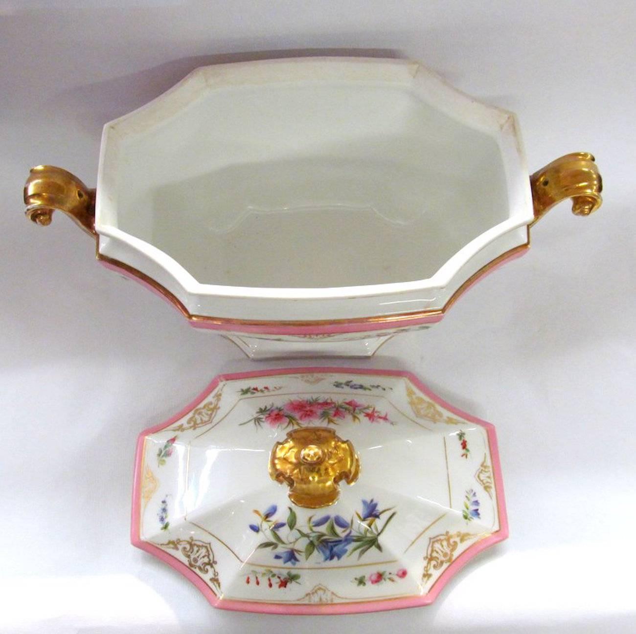19th Century Antique French Porcelain de Paris Hand-Painted Soup Tureen and Matching Platter