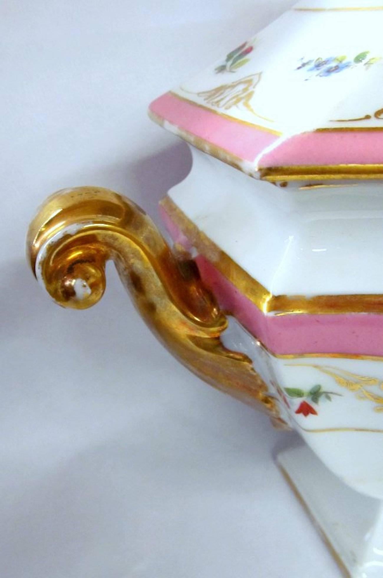 Antique French Porcelain de Paris Hand-Painted Soup Tureen and Matching Platter 2