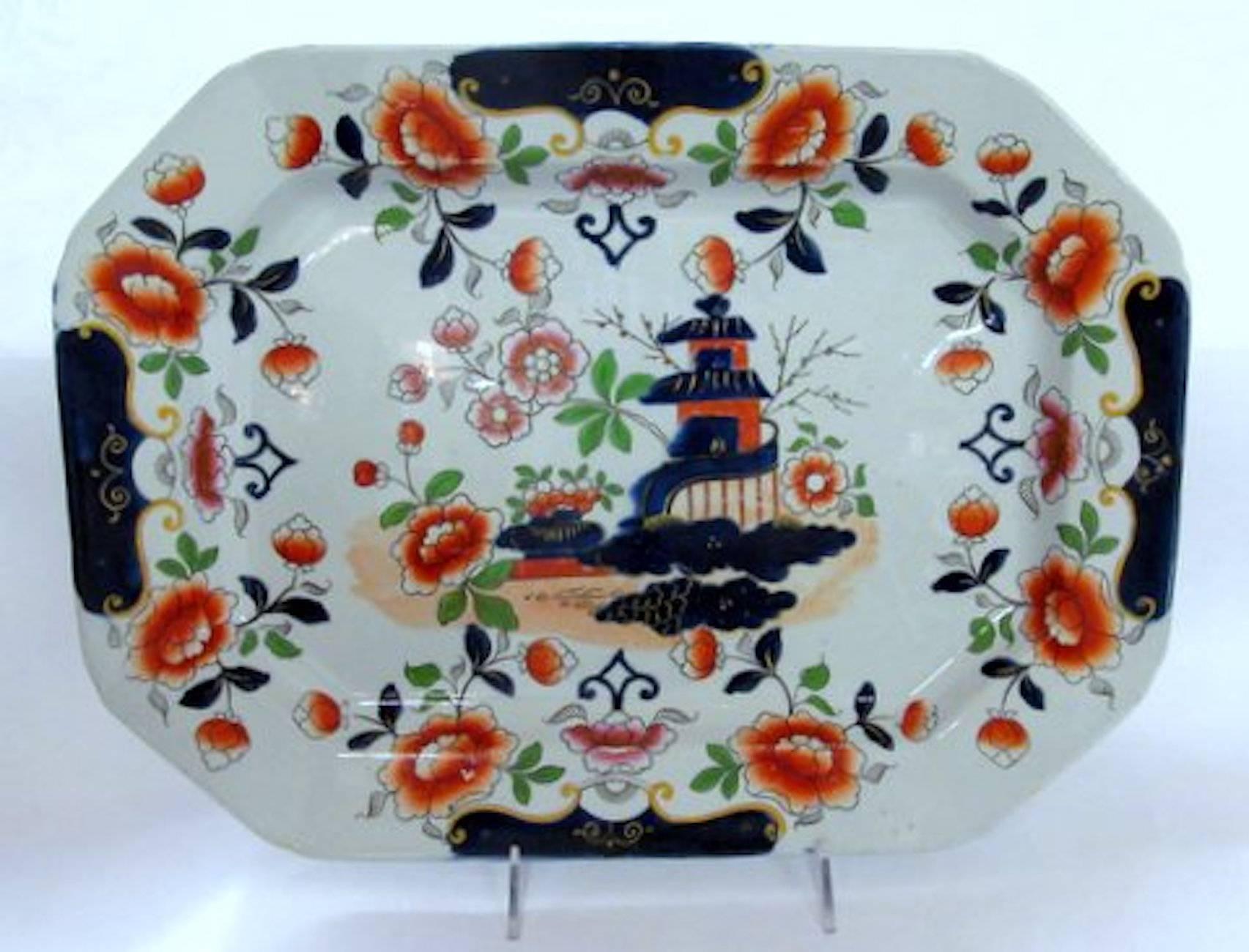 Hand-Painted Antique English Hicks, Meigh & Johnson Ironstone Platter with Matching Mazarine