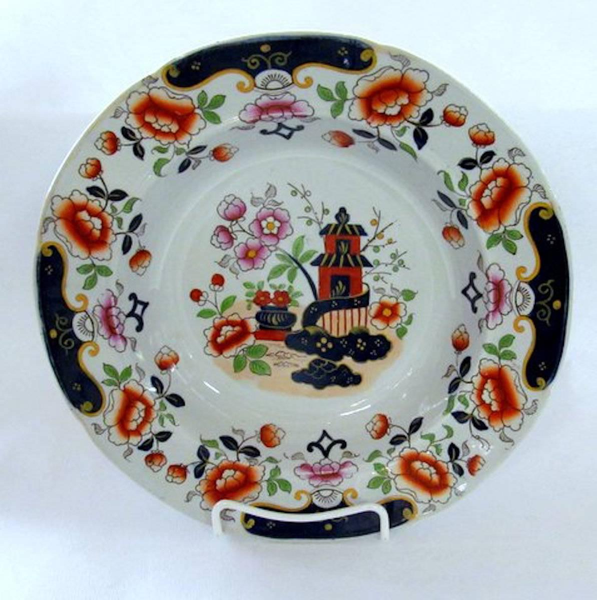 Hand-Painted Set of Ten Antique English Hicks, Meigh & Johnson Ironstone Rim Soup Plates