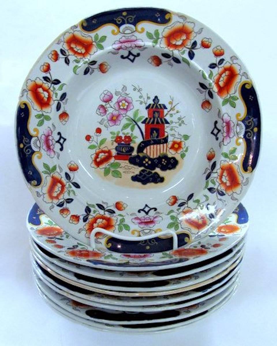 Set of ten fabulous quality antique English Hicks, Meigh and Johnson hand-painted Ironstone China 