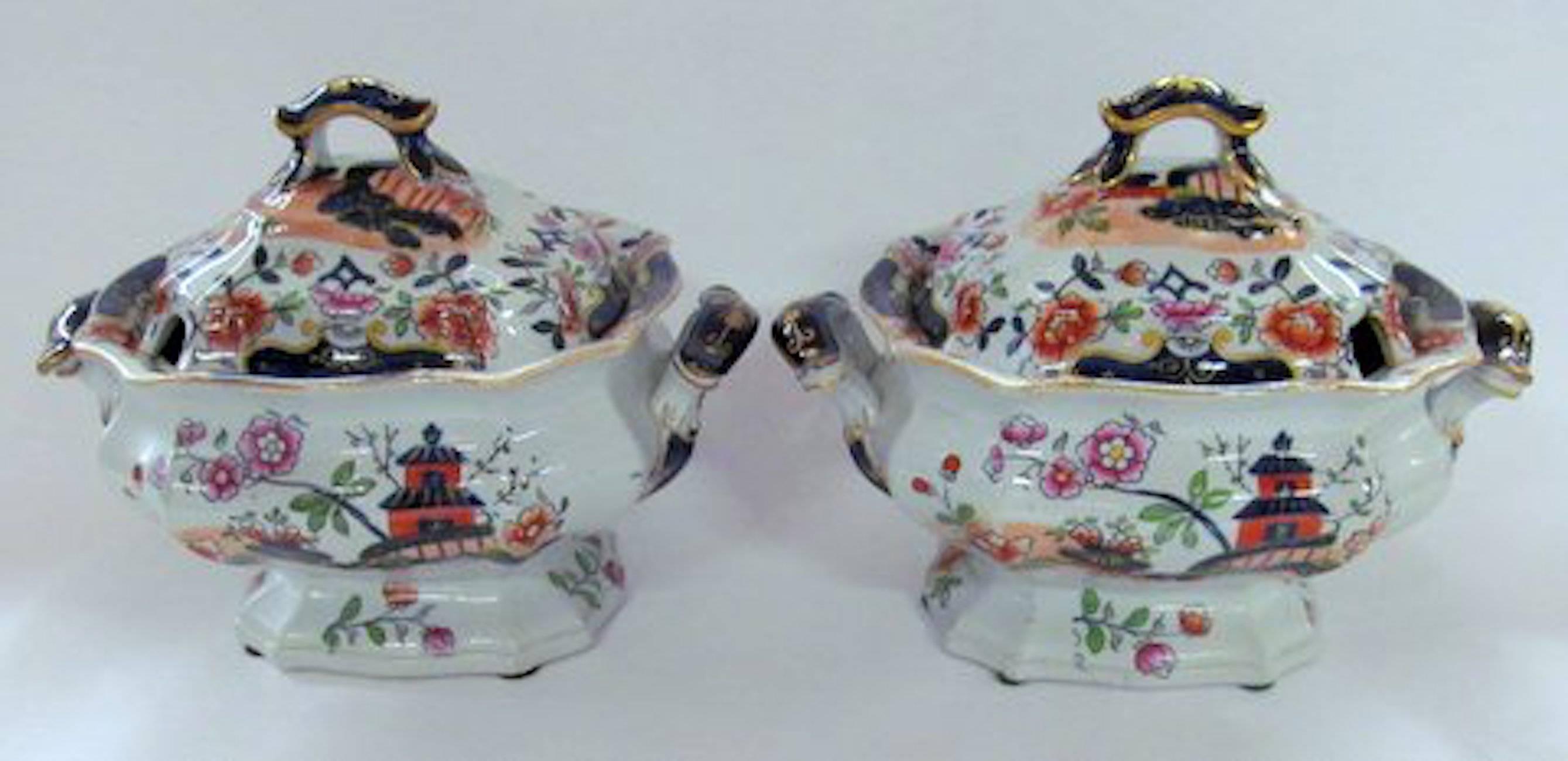 Fabulous pair of quality antique English Hicks, Meigh and Johnon hand-painted ironstone China 