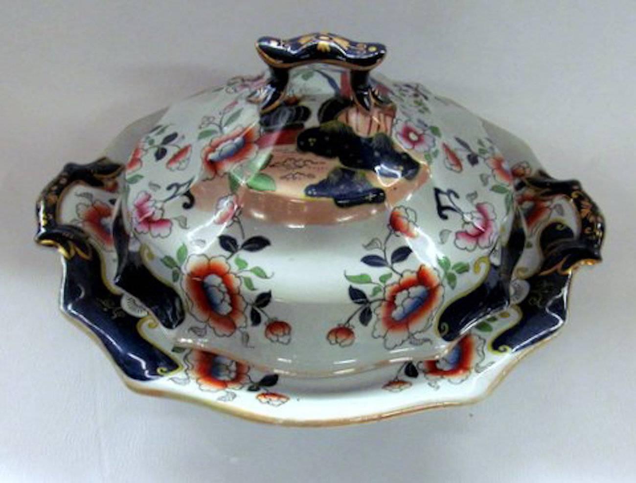 Fabulous quality antique English Hicks, Meigh and Johnson hand-painted Ironstone China Imari decor covered vegetable dish;
richly hand decorated, with under glaze maker's marks on base. Pattern is illustrated on pg. 231 in Godden's 