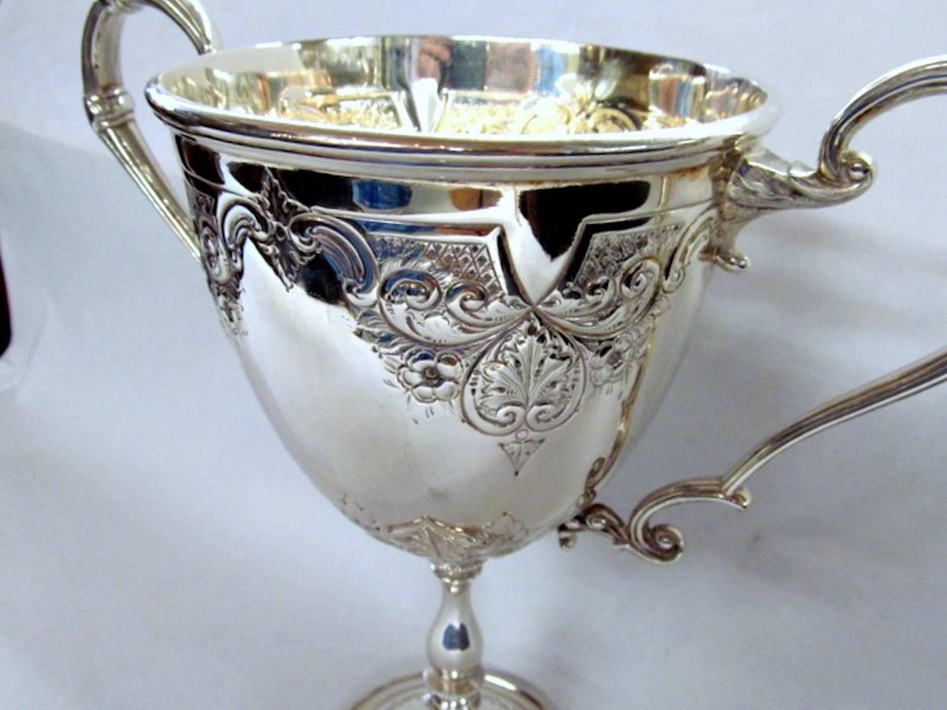 Fabulous hand chased large size two-handle trophy or loving cup.

Engravable cartouche to either side (never inscribed).

Maker's marks on base for: John Gilbert & Sons, London and Birmingham.

10