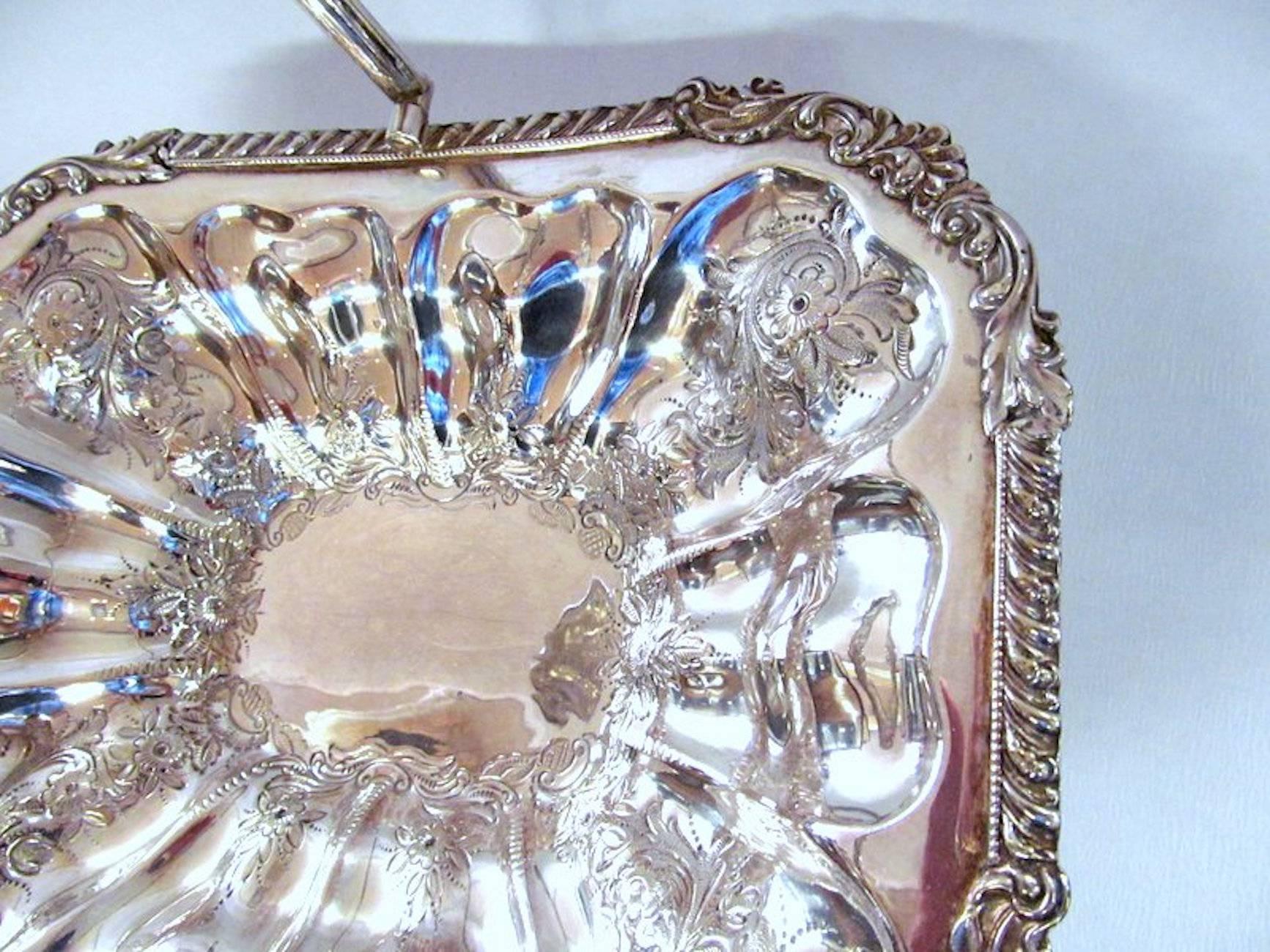 Antique English Silver Plate Hand Chased and Engraved Rectangular Basket In Excellent Condition In Charleston, SC