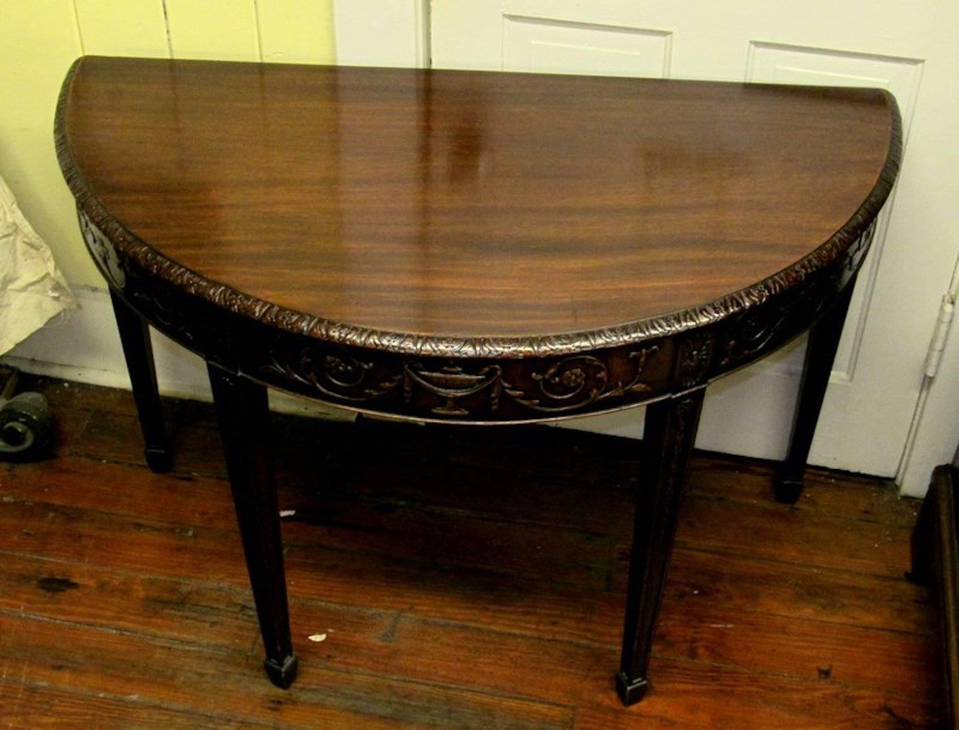 Adam Style Antique English Hand-Carved Mahogany Demi-Lune Console 