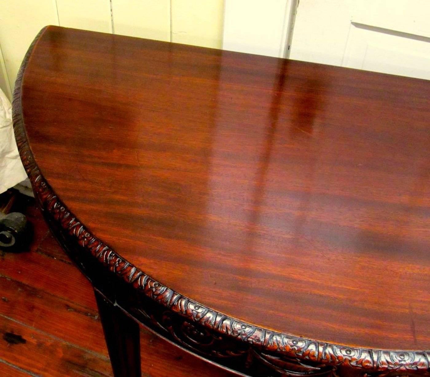 19th Century Antique English Hand-Carved Mahogany Demi-Lune Console 