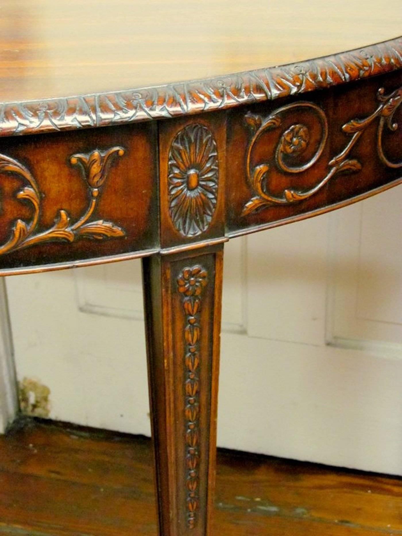 Antique English Hand-Carved Mahogany Demi-Lune Console 