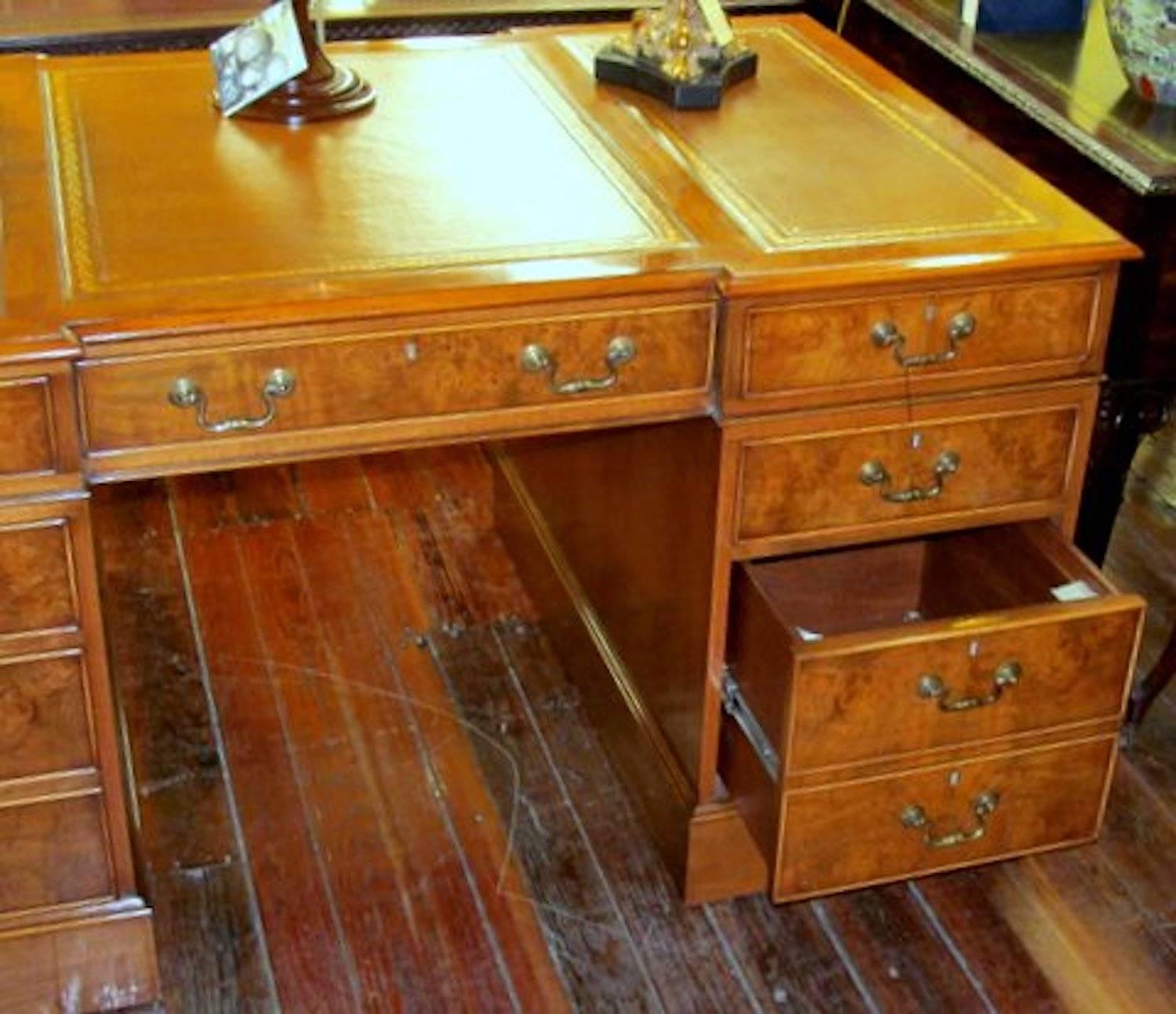 English Bench Made Burr Walnut Chippendale Style Leather Top Partner's Desk 3