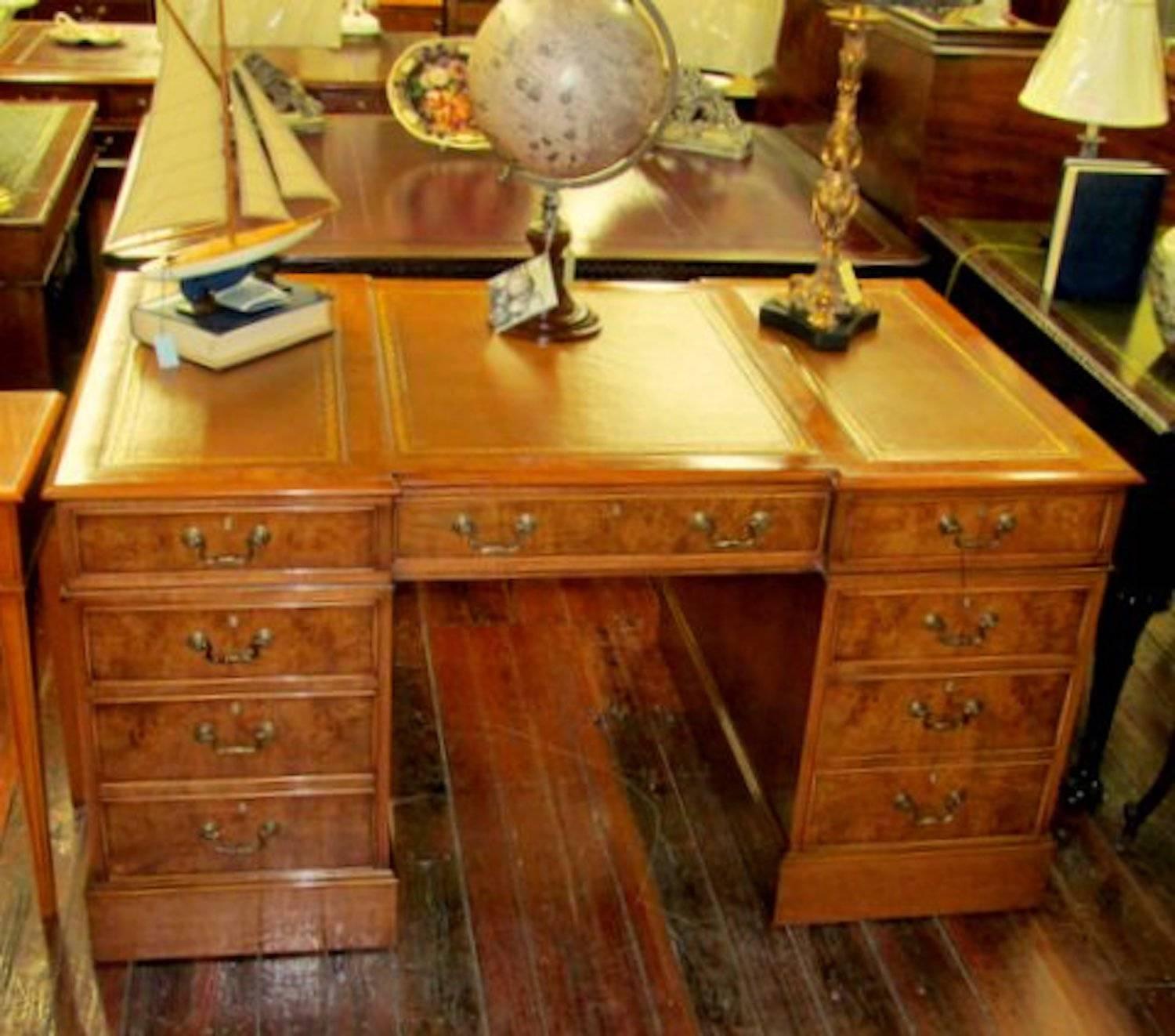 English Bench Made Burr Walnut Chippendale Style Leather Top Partner's Desk In Excellent Condition In Charleston, SC