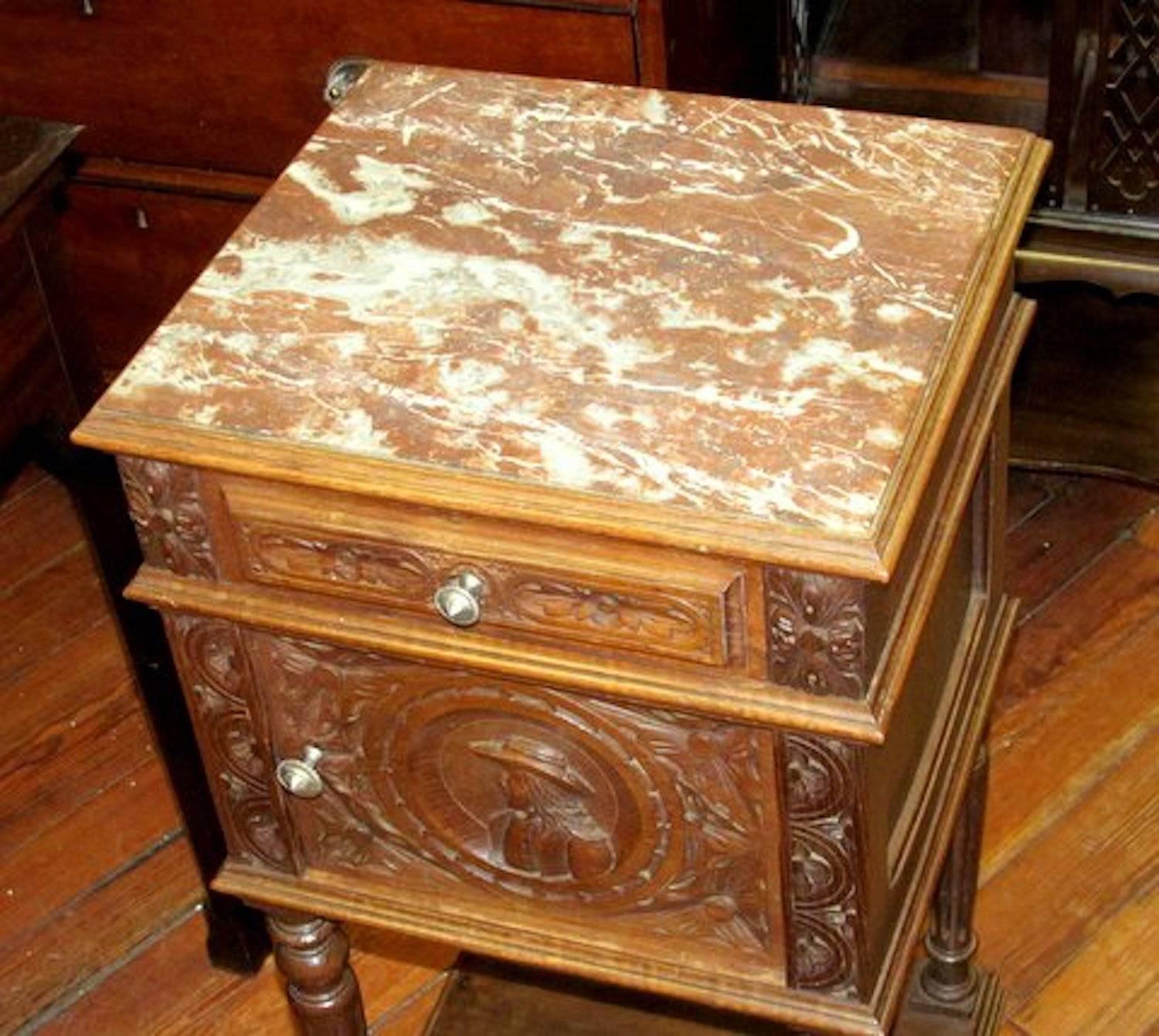 Old French Hand-Carved Oak Breton Region Marble-Top Pot Cupboard or Side Table In Excellent Condition In Charleston, SC