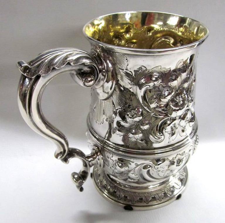 Very rare and finely hand chased large tankard of the GEO II period; highly collected and sought after fine London silversmith, William Cripps  with hallmarks for London, 1758/59. Measures: 6 1/8” height approx. 18 troy ounces maker, William
