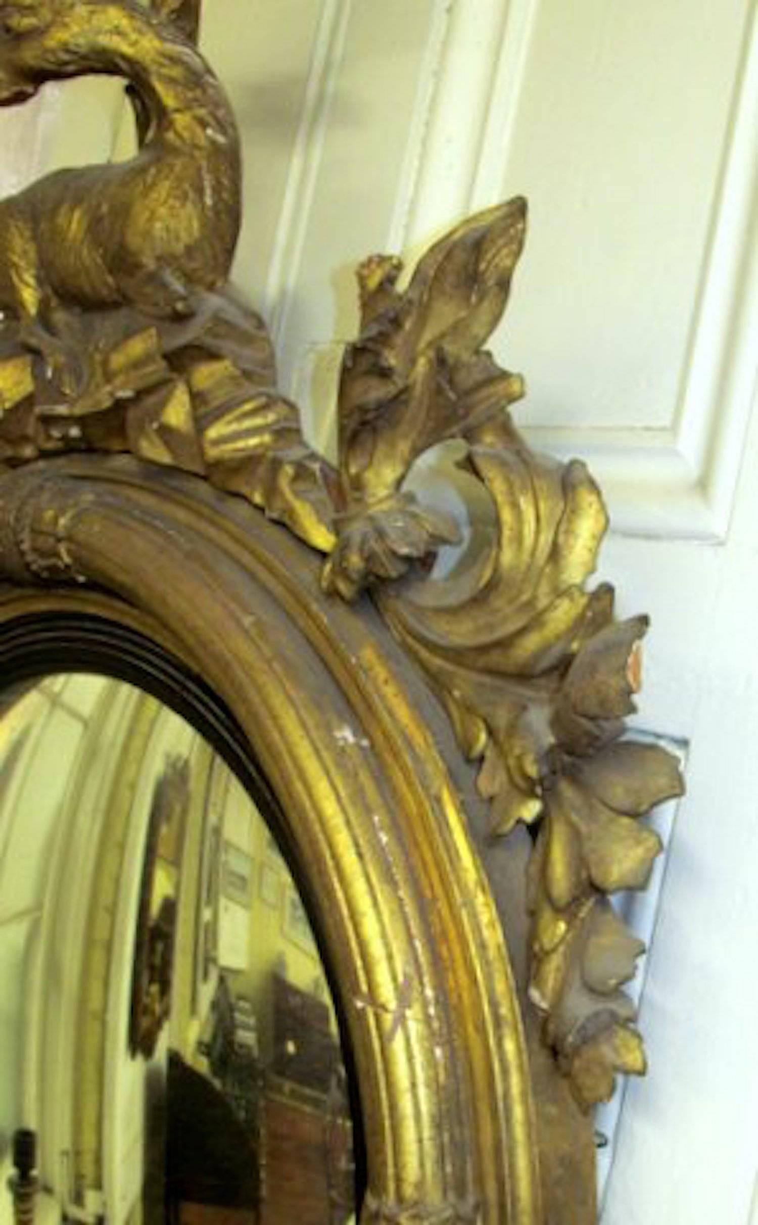 19th Century Antique American Federal Giltwood Convex Mirror With Double Sconce Girandole