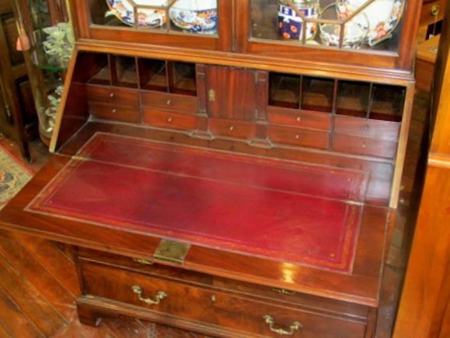 Antique English George III Figured Mahogany Chippendale Style Bureau Bookcase 2